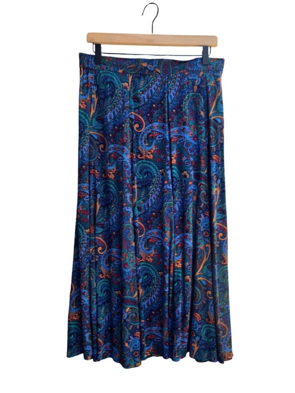 Vtg Koret Midi Skirt 14 Blue Teal Paisley Floral Rayon Loose Pleat Cottage Boho